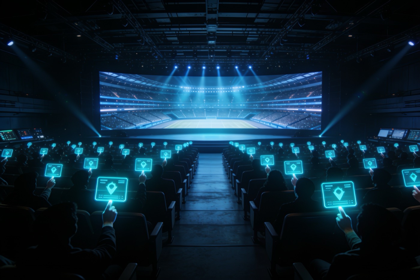 Audience with glowing voting interfaces aimed at a central arena screen on Swipey