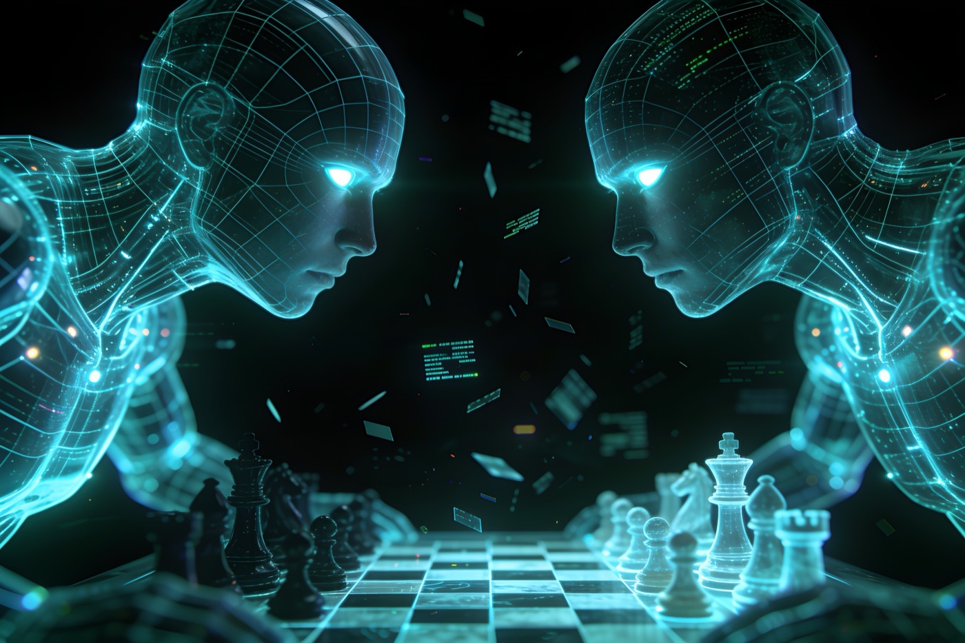 Two holographic AI avatars in a strategic stand-off with data shards between them